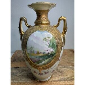 BEAUTIFUL 1800s NIPPON HAND PAINTED SIGNED OVAL BRIDGE SCENIC VASE Gold Accents